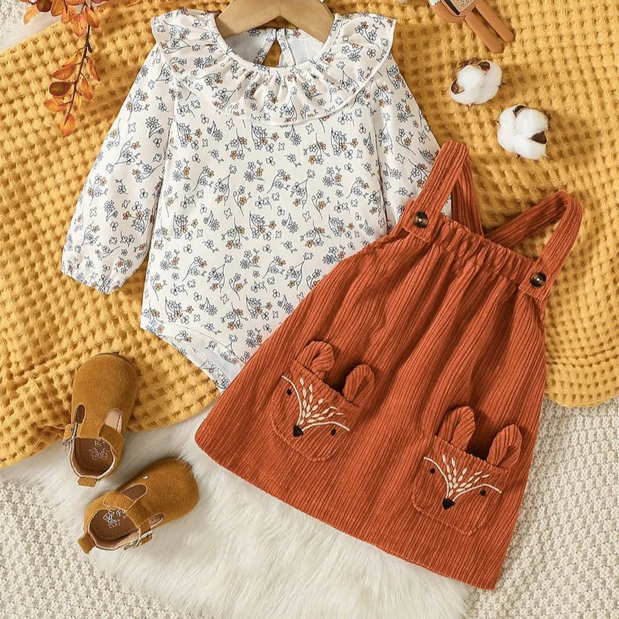 2 Pcs White & Rust Long Sleeves Skirt Dress Set