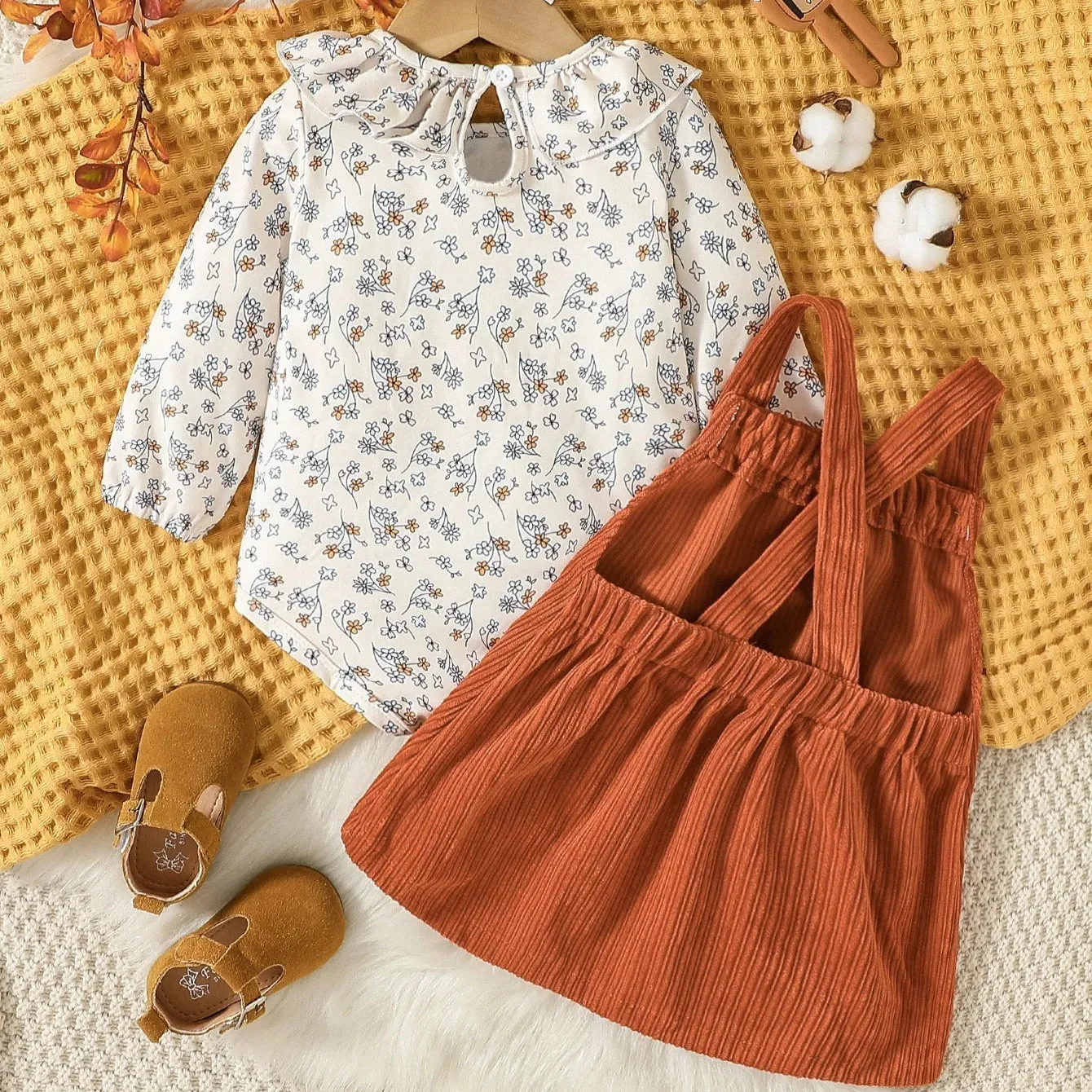 2 Pcs White & Rust Long Sleeves Skirt Dress Set