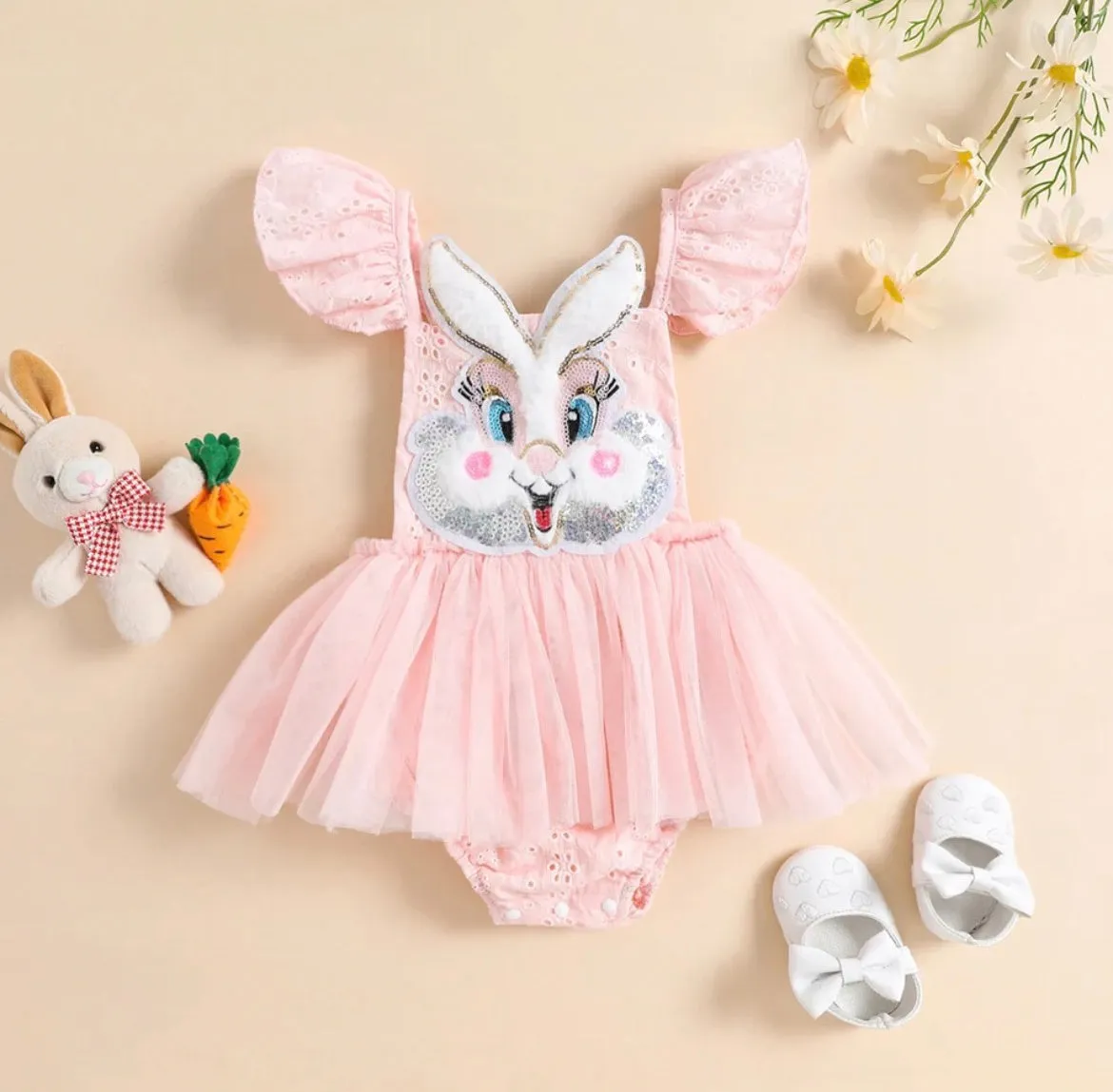 $5.00 EA - 3-6M x 1, 6-12M x 1, 12-24M X 1 - Baby Girl Easter Pink Rabbit Tutu Skirted Romper