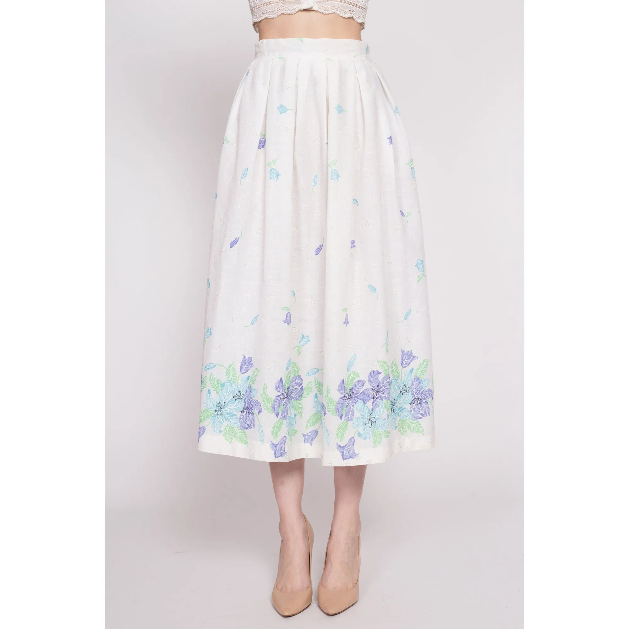 70s White Floral Eyelet Midi Skirt - Small, 25.5"