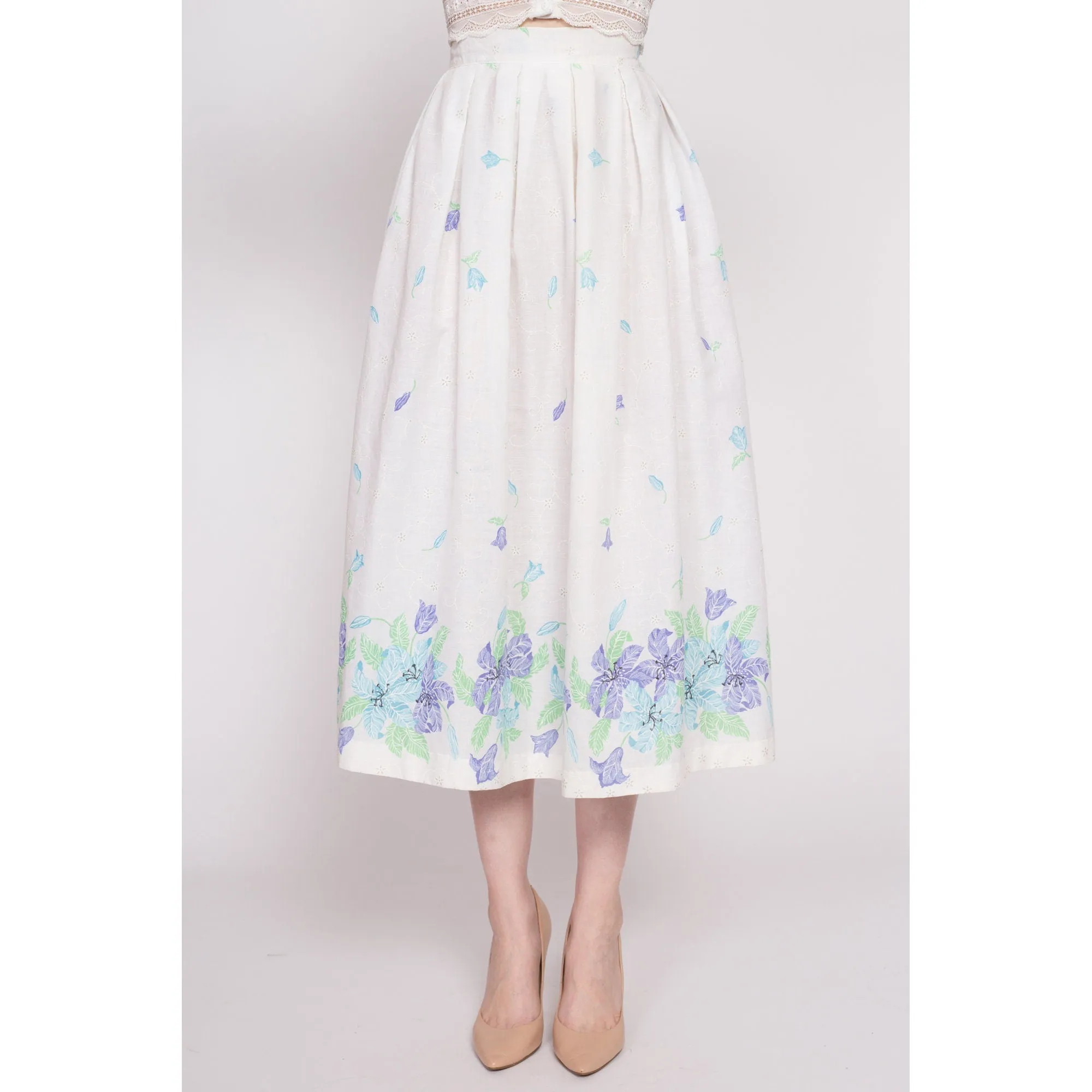 70s White Floral Eyelet Midi Skirt - Small, 25.5"