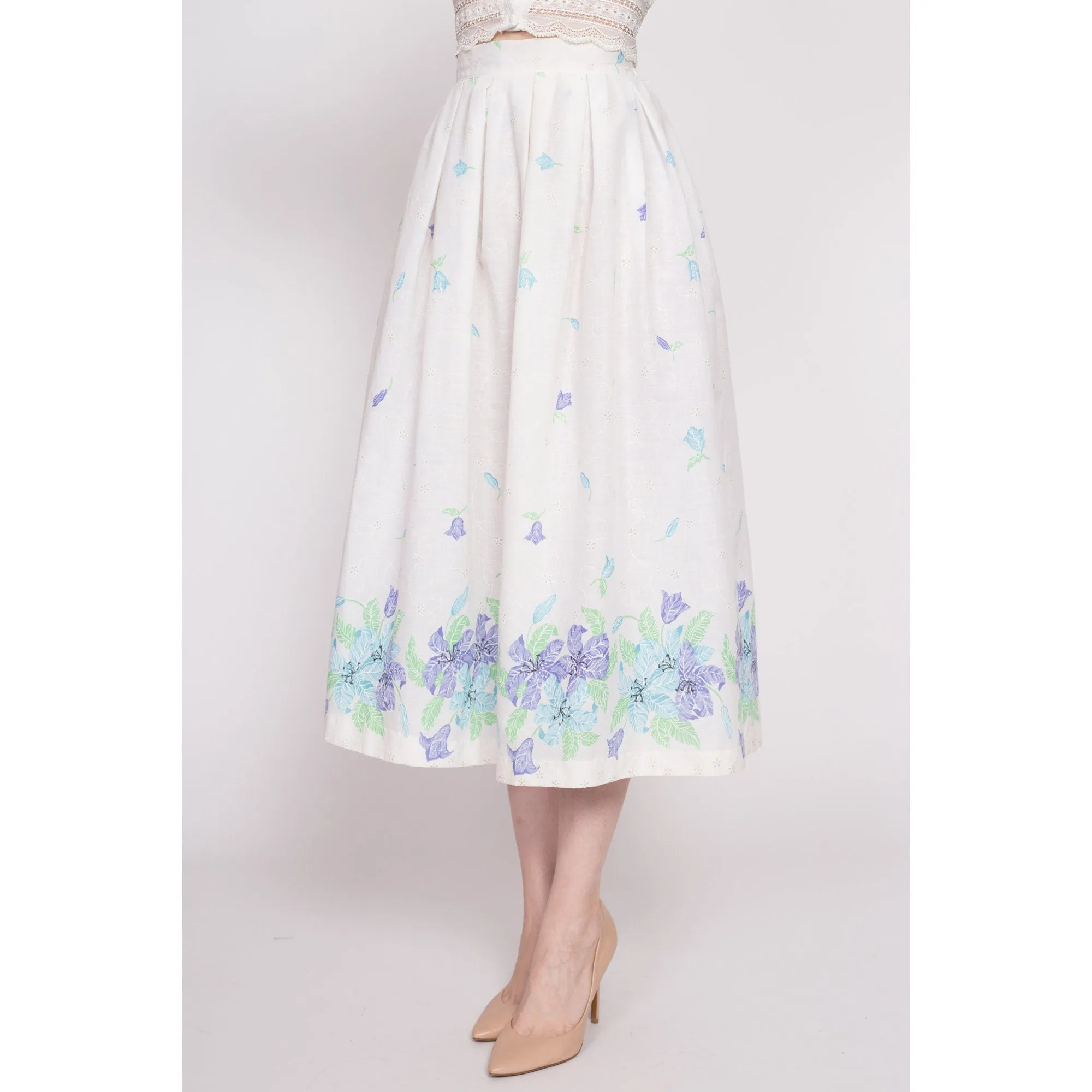 70s White Floral Eyelet Midi Skirt - Small, 25.5"