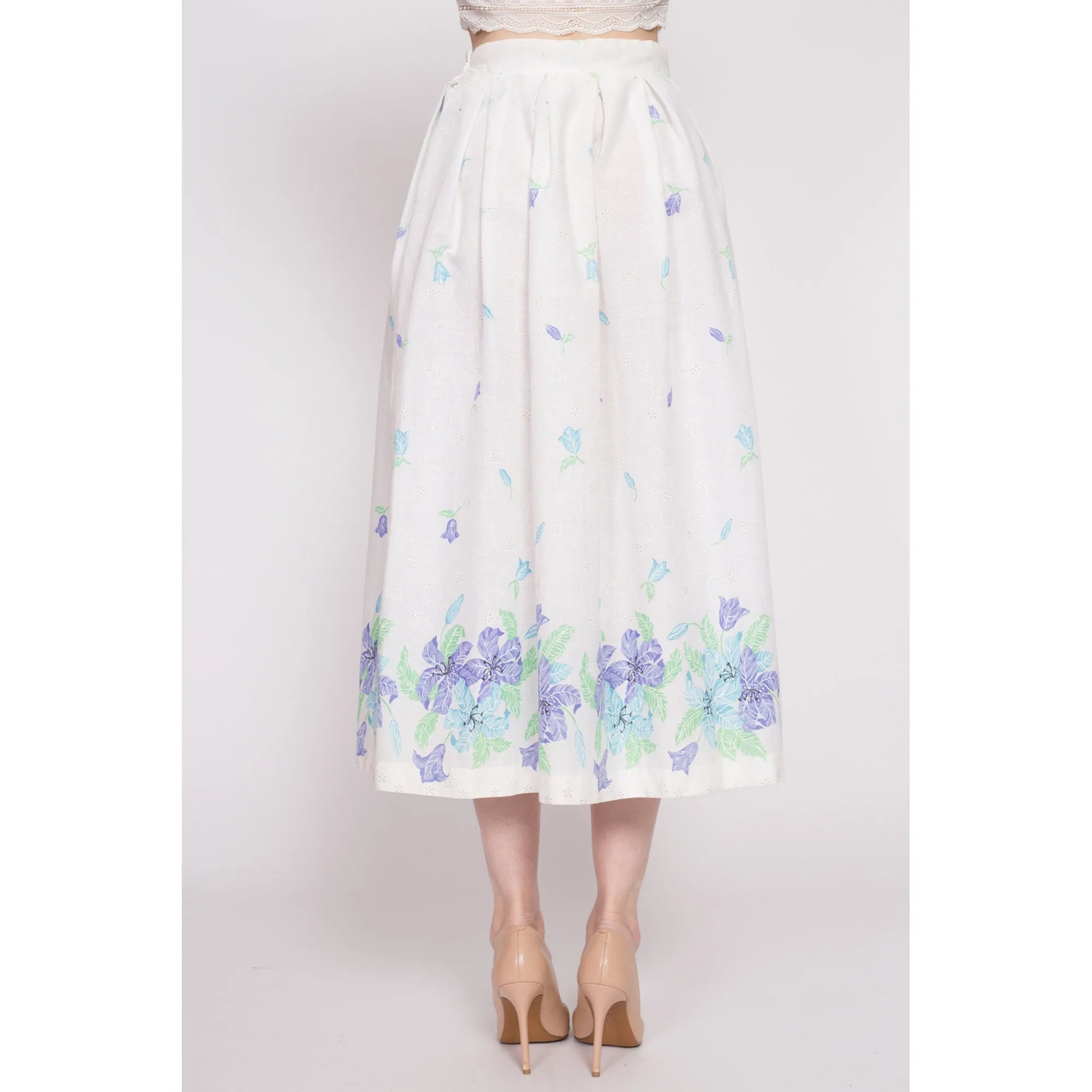 70s White Floral Eyelet Midi Skirt - Small, 25.5"