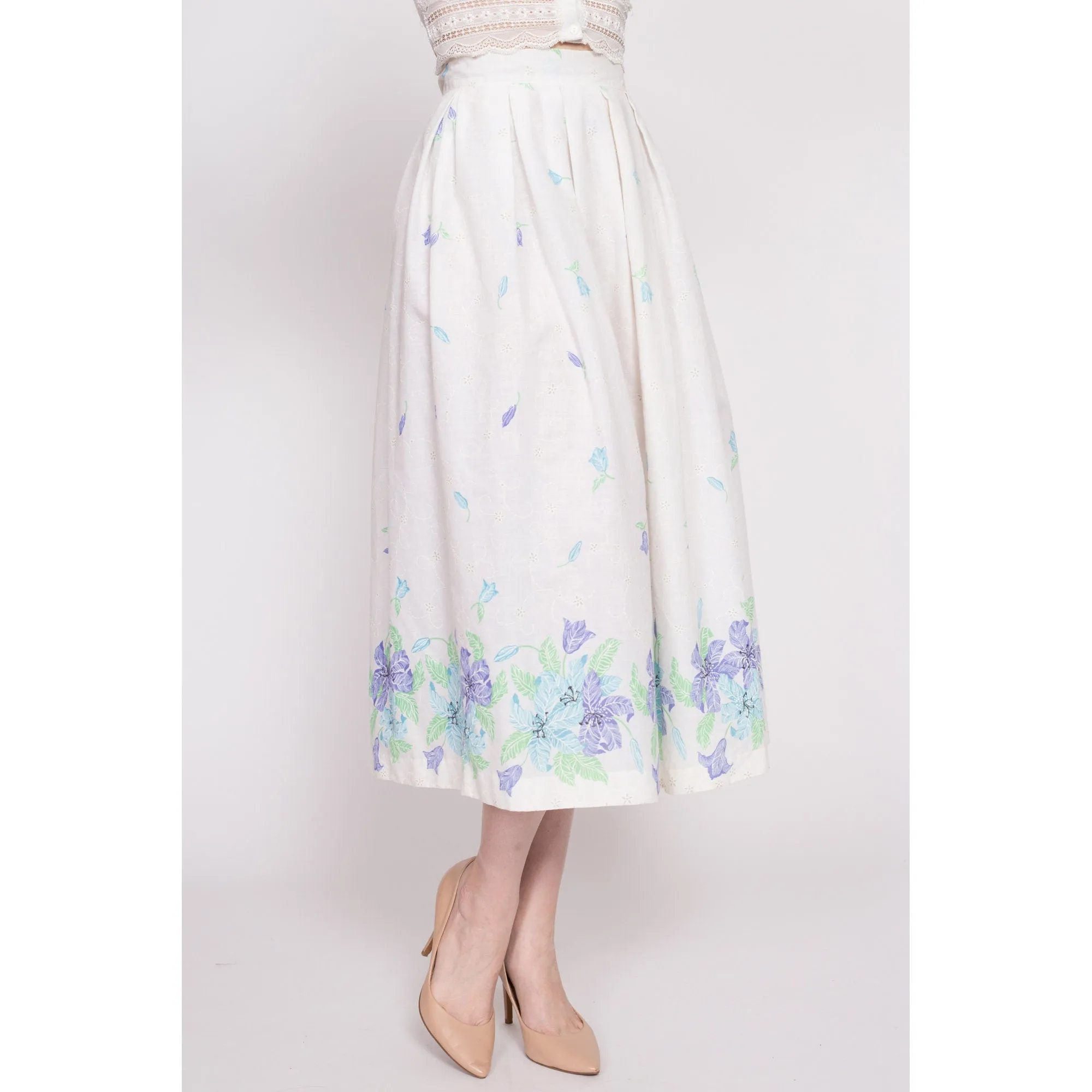 70s White Floral Eyelet Midi Skirt - Small, 25.5"