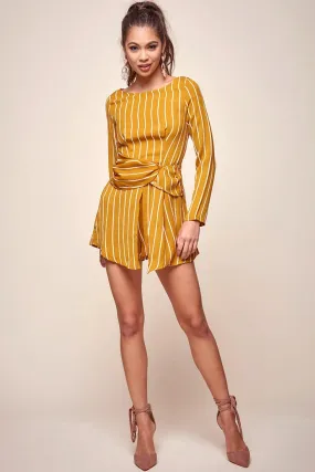 Abbey Waist Tie Pinstripe Romper Mustard & White
