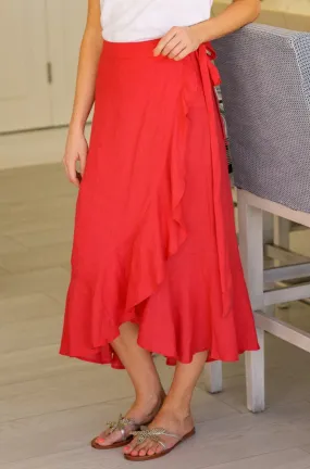April Linen Wrap Skirt | Hot Red