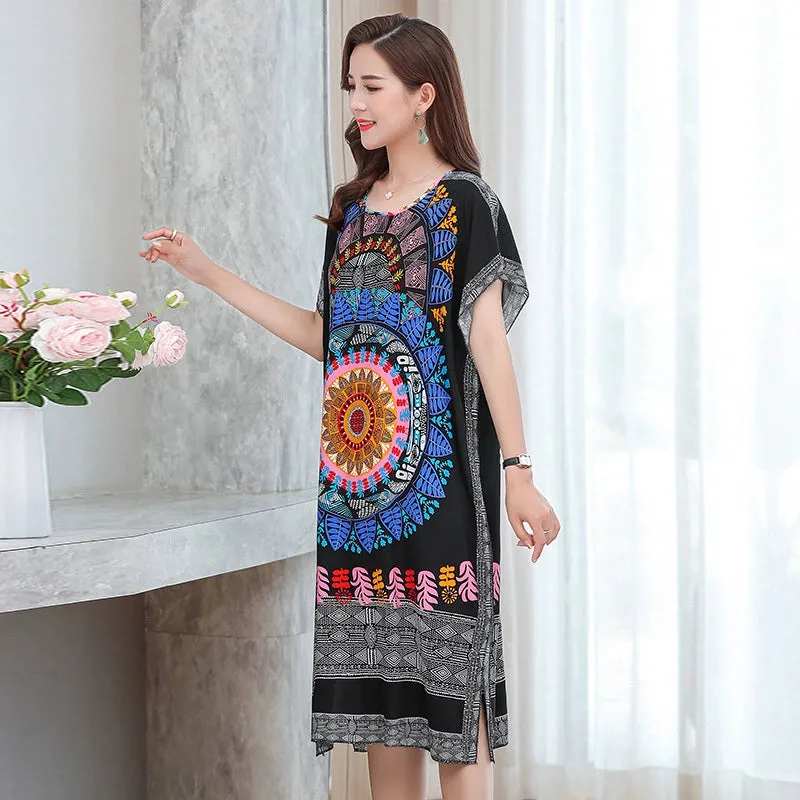 Artificial Cotton Nightdress Female Plus Size Middle-Aged and Elderly Summer plus Size Ladieswear Long Robe Loose Home Long Skirt Thin