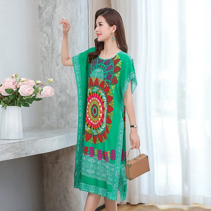 Artificial Cotton Nightdress Female Plus Size Middle-Aged and Elderly Summer plus Size Ladieswear Long Robe Loose Home Long Skirt Thin