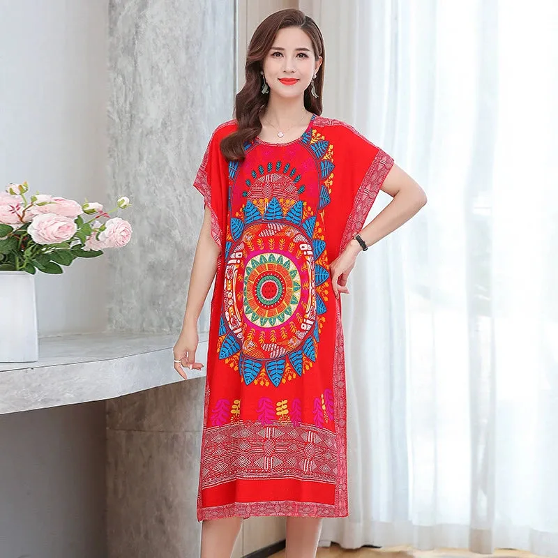 Artificial Cotton Nightdress Female Plus Size Middle-Aged and Elderly Summer plus Size Ladieswear Long Robe Loose Home Long Skirt Thin
