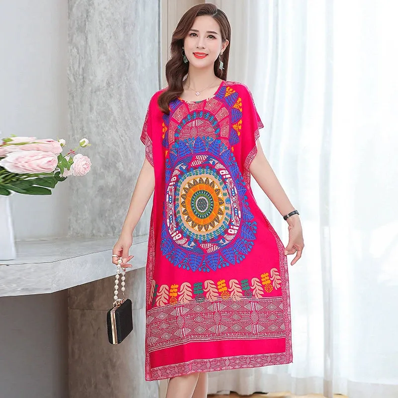 Artificial Cotton Nightdress Female Plus Size Middle-Aged and Elderly Summer plus Size Ladieswear Long Robe Loose Home Long Skirt Thin