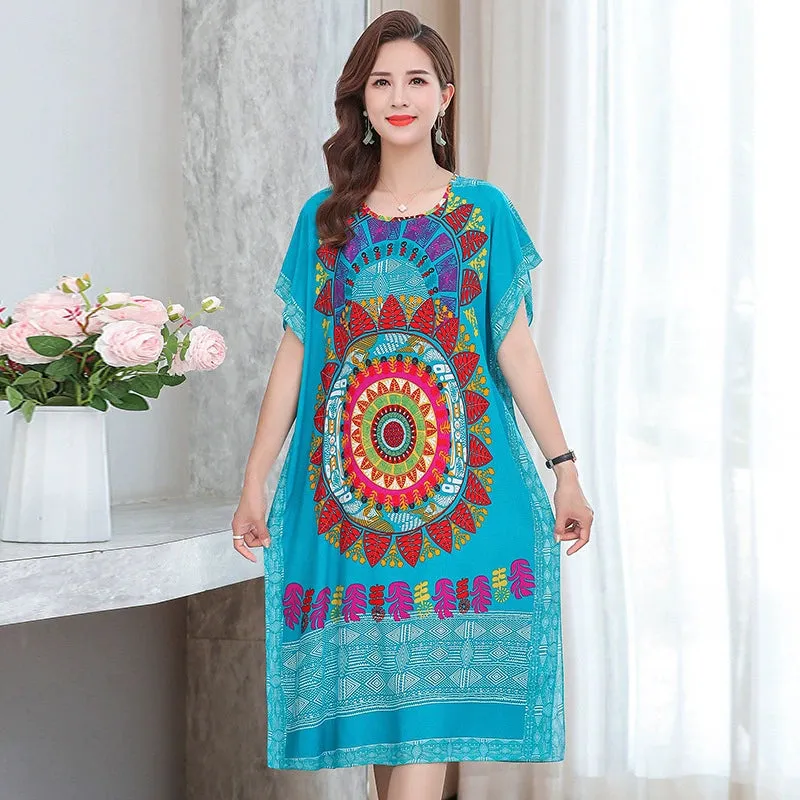 Artificial Cotton Nightdress Female Plus Size Middle-Aged and Elderly Summer plus Size Ladieswear Long Robe Loose Home Long Skirt Thin