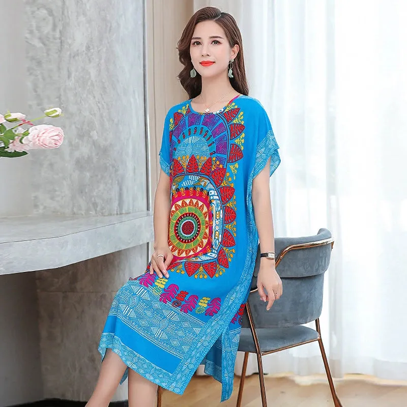 Artificial Cotton Nightdress Female Plus Size Middle-Aged and Elderly Summer plus Size Ladieswear Long Robe Loose Home Long Skirt Thin