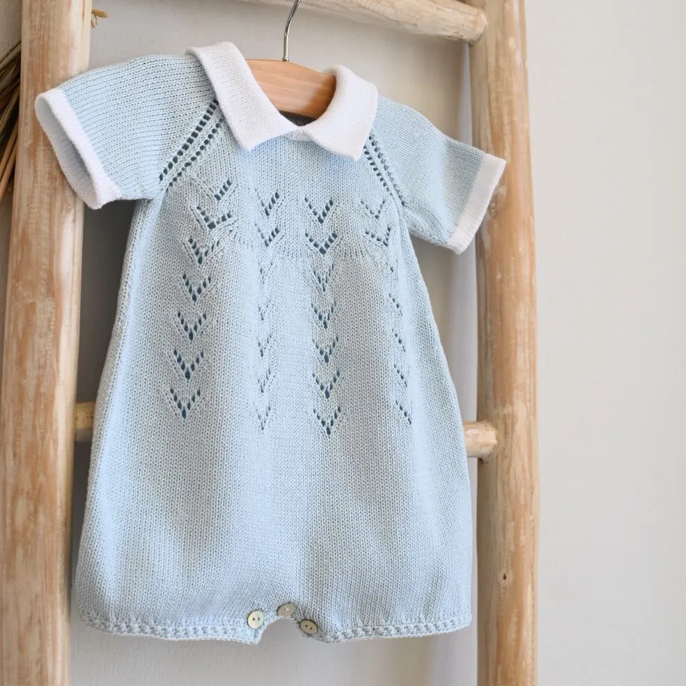 Baby Blue Cotton Knitted Romper with Collar
