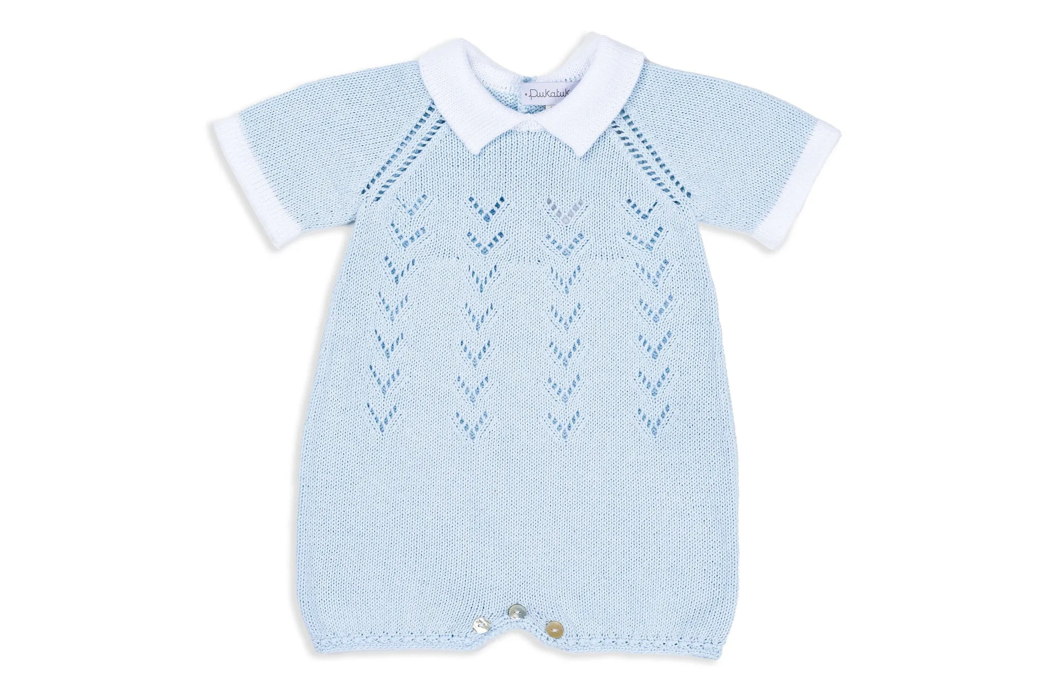 Baby Blue Cotton Knitted Romper with Collar