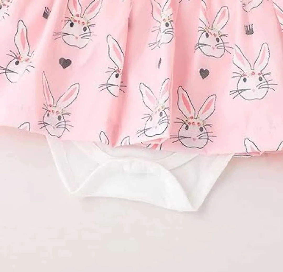 Baby Girl Easter White Bunny with Pink Rabbit Skirted Romper