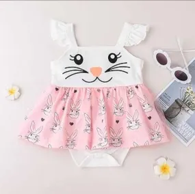Baby Girl Easter White Bunny with Pink Rabbit Skirted Romper