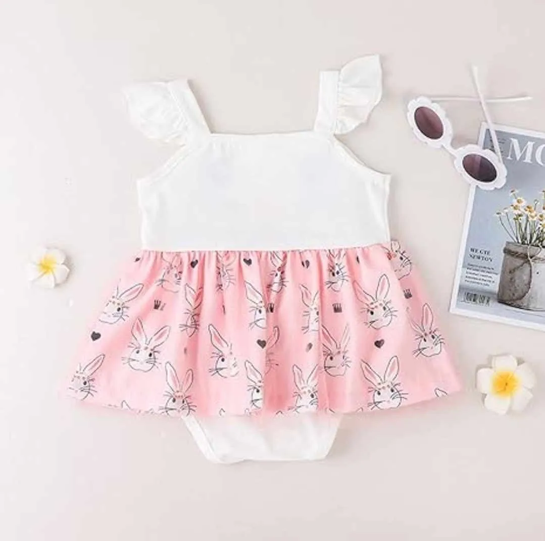 Baby Girl Easter White Bunny with Pink Rabbit Skirted Romper