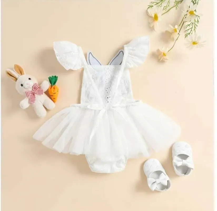 Baby Girl Easter White Rabbit Bunny Tutu Skirted Romper