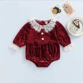 Baby Girl Vintage Lace Red Velvet - Buttons Romper