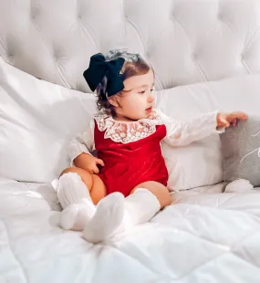 Baby Girl Vintage Lace Red Velvet - White Sleeves Romper