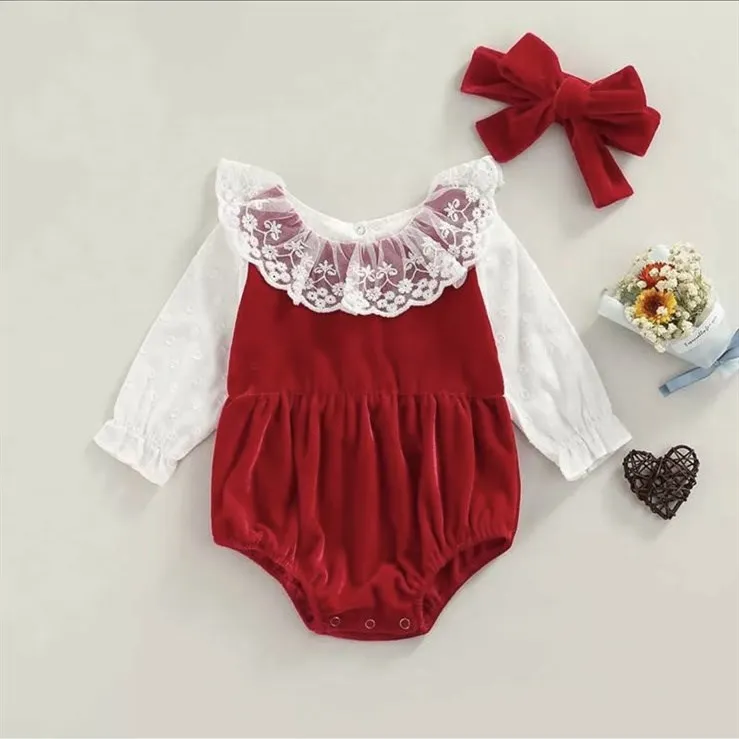 Baby Girl Vintage Lace Red Velvet - White Sleeves Romper