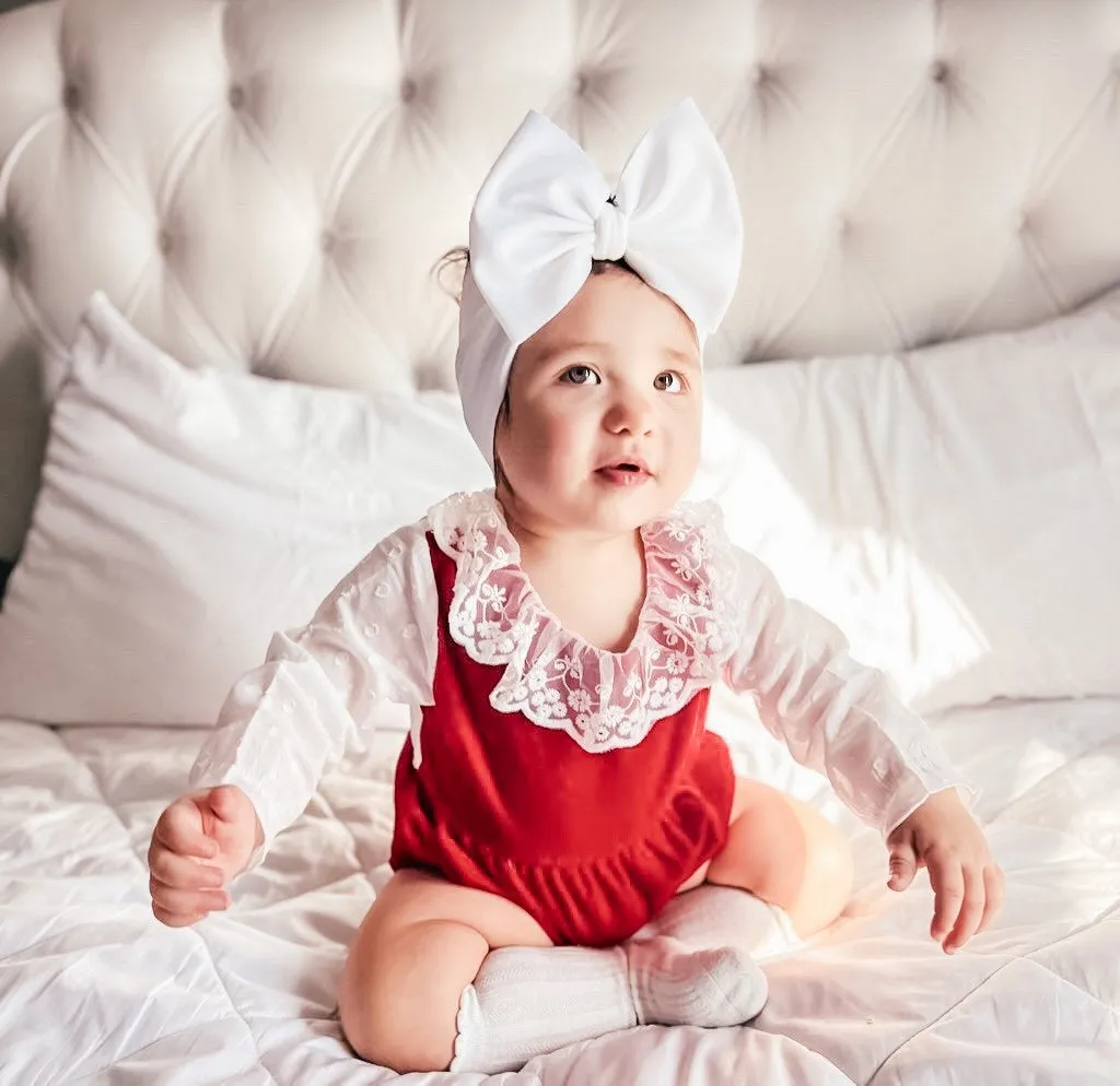 Baby Girl Vintage Lace Red Velvet - White Sleeves Romper