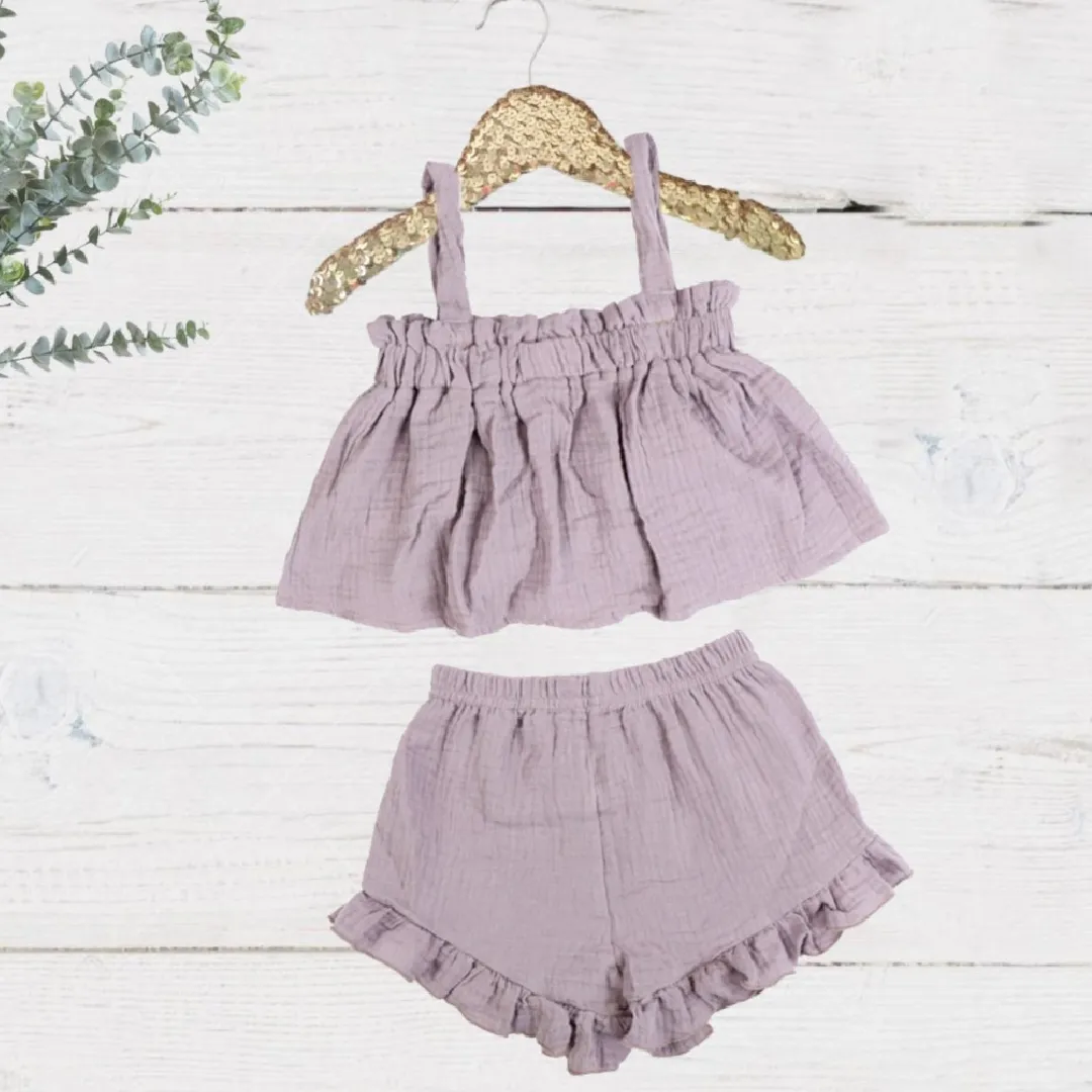 Baby Girls 2-Piece Mauve Linen Ruffle Leg Shorts & Top