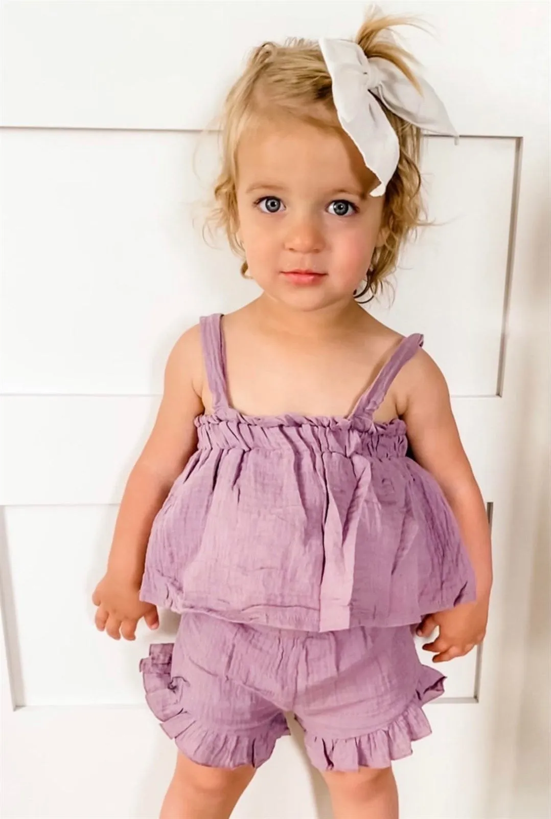 Baby Girls 2-Piece Mauve Linen Ruffle Leg Shorts & Top