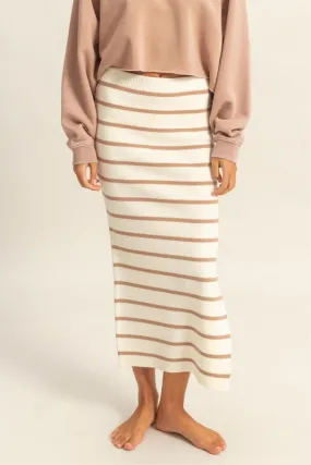 Beige and White Striped Knit Midi Skirt