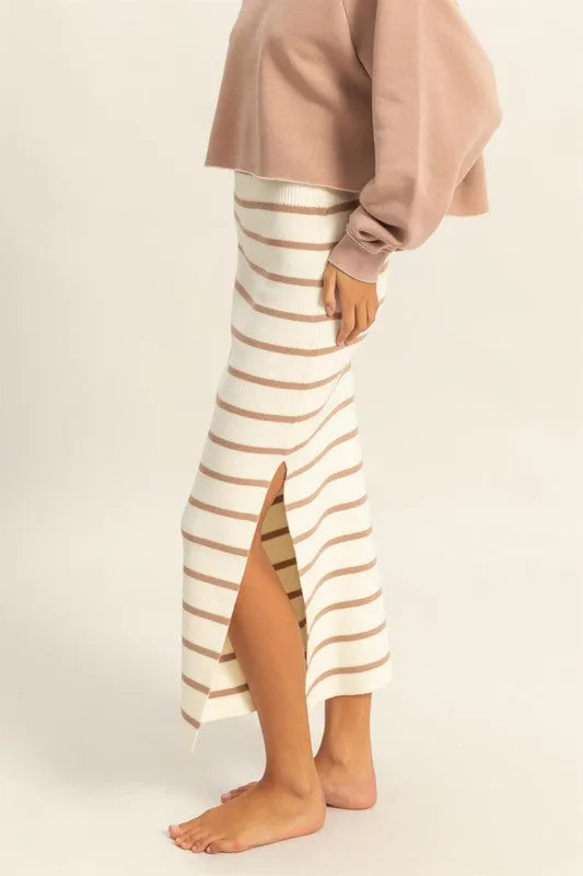 Beige and White Striped Knit Midi Skirt