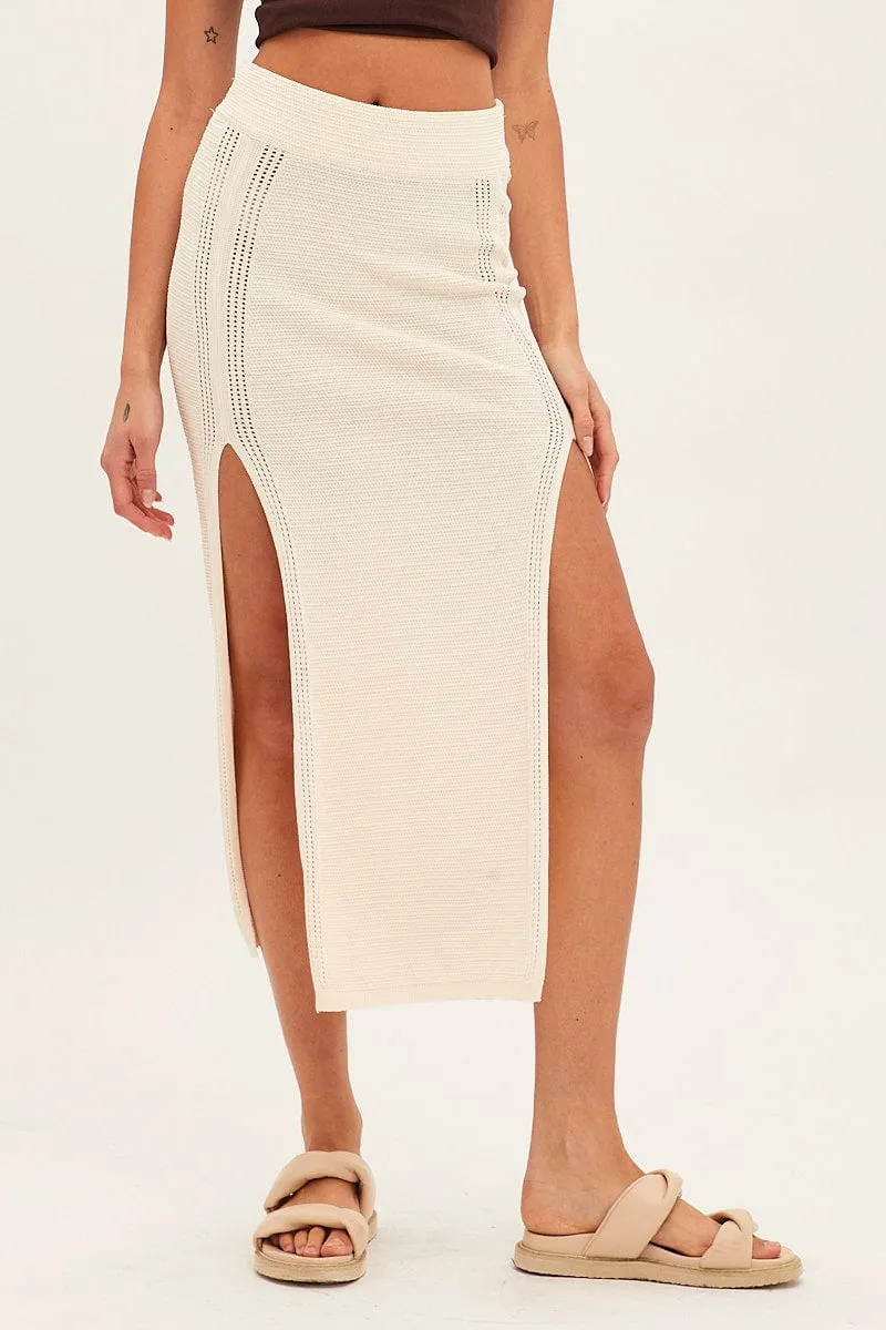 Beige Midi Skirt Knit Front Split