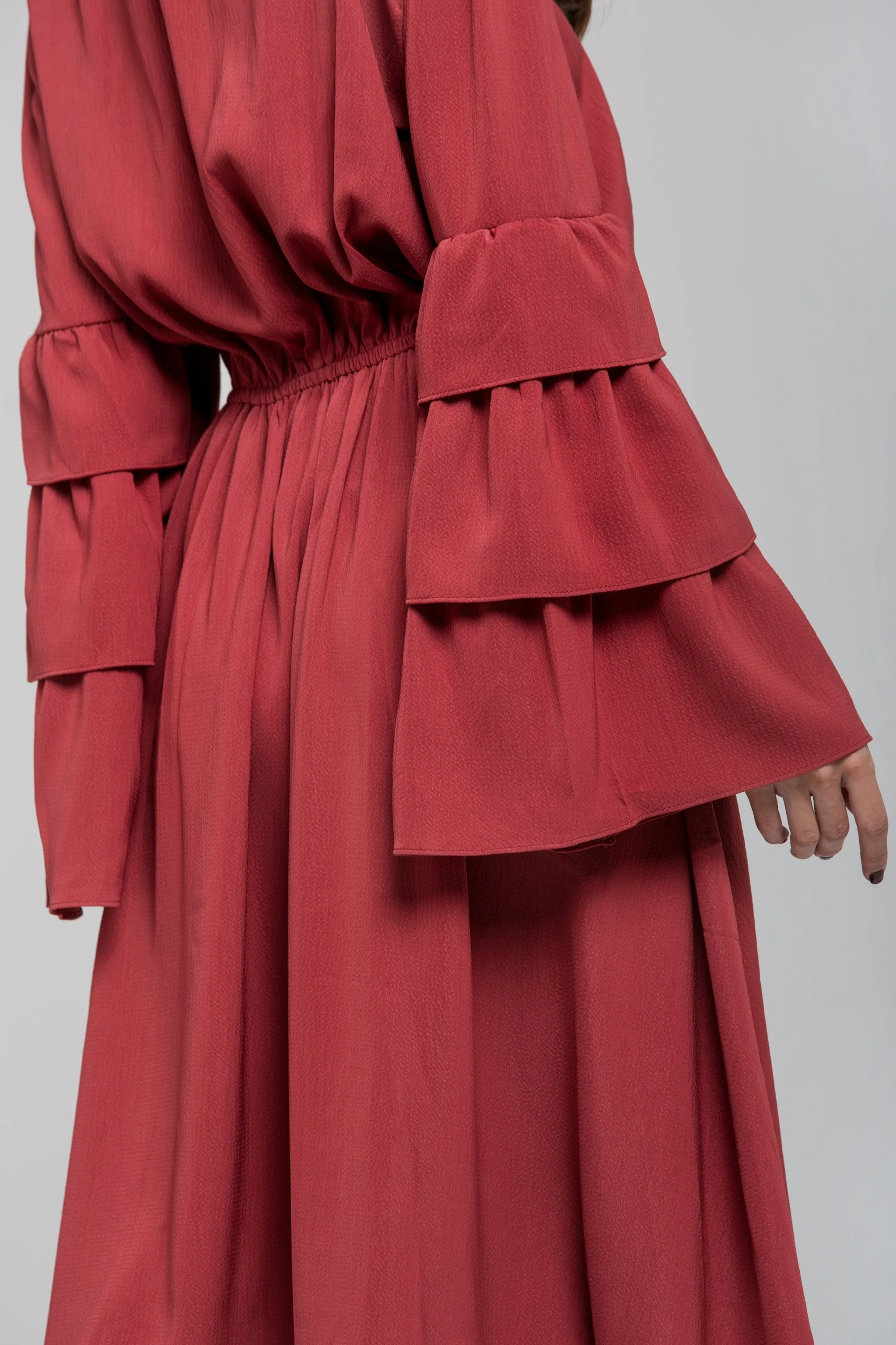 Brick Red Ruffle Flare Sleeve Midi Dress
