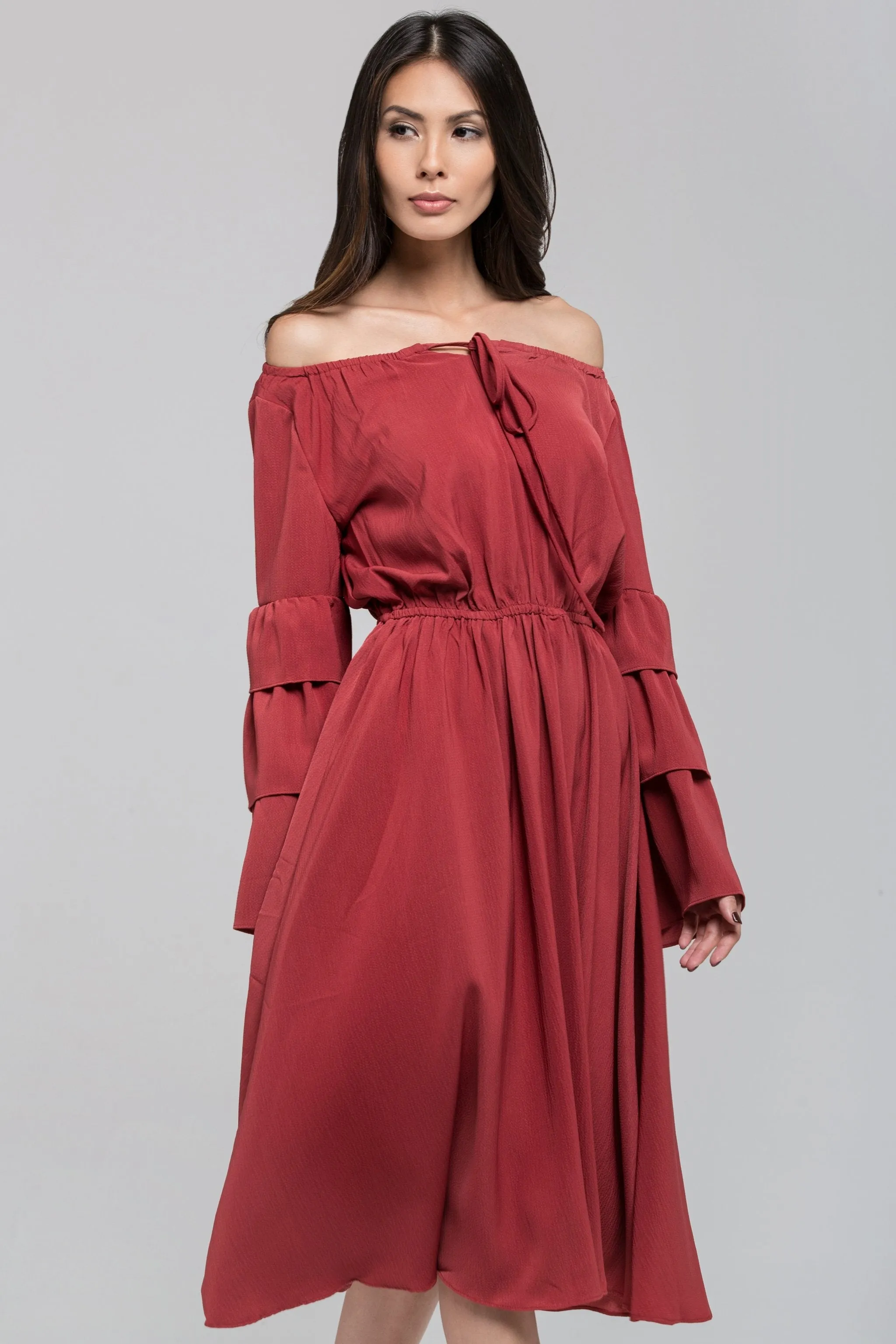 Brick Red Ruffle Flare Sleeve Midi Dress