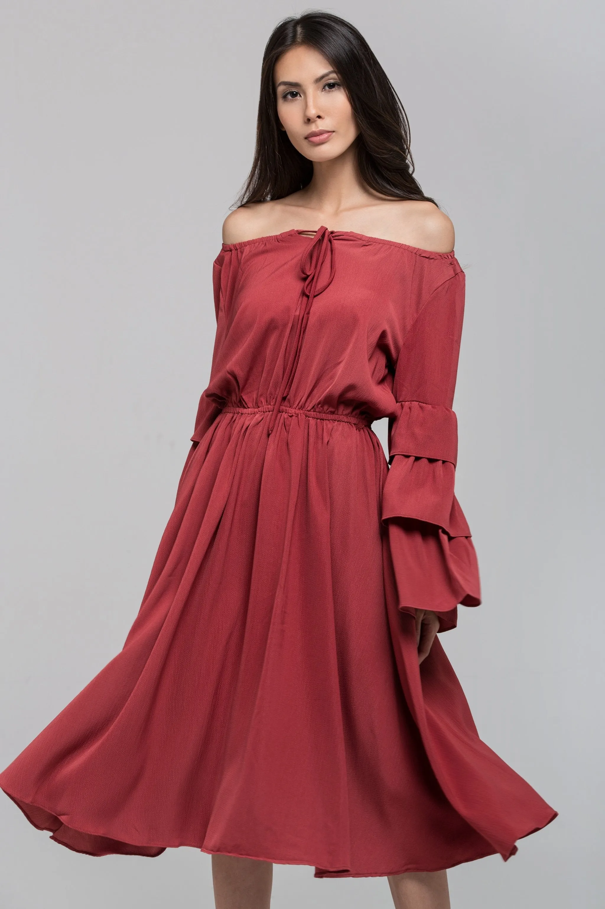 Brick Red Ruffle Flare Sleeve Midi Dress