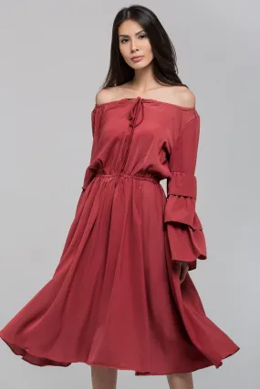 Brick Red Ruffle Flare Sleeve Midi Dress
