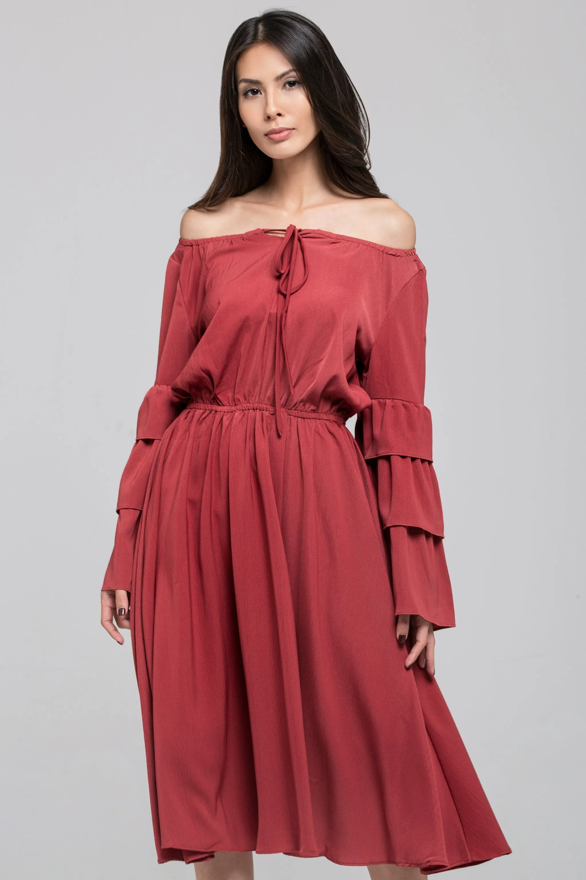 Brick Red Ruffle Flare Sleeve Midi Dress