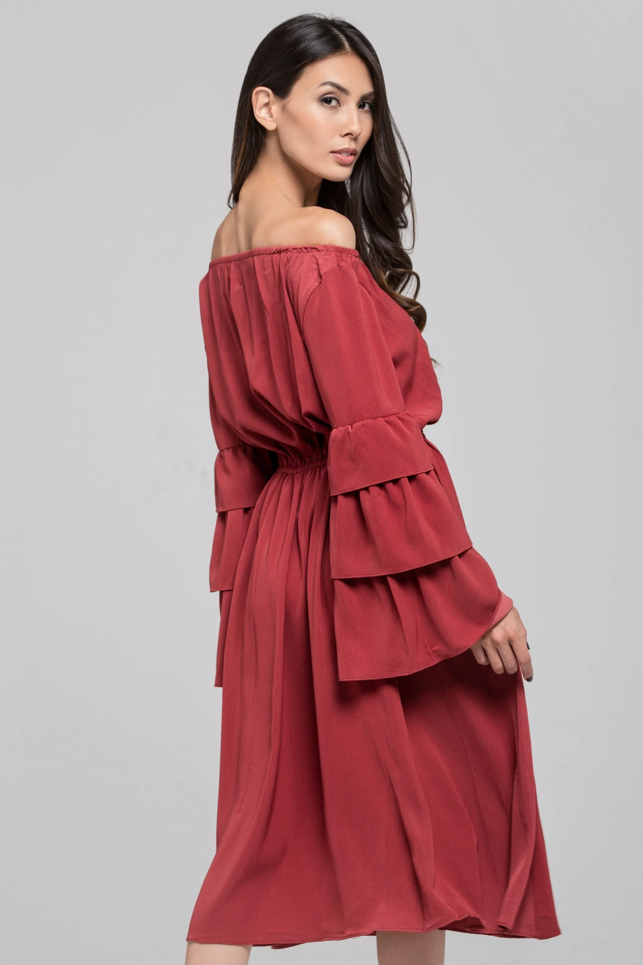 Brick Red Ruffle Flare Sleeve Midi Dress