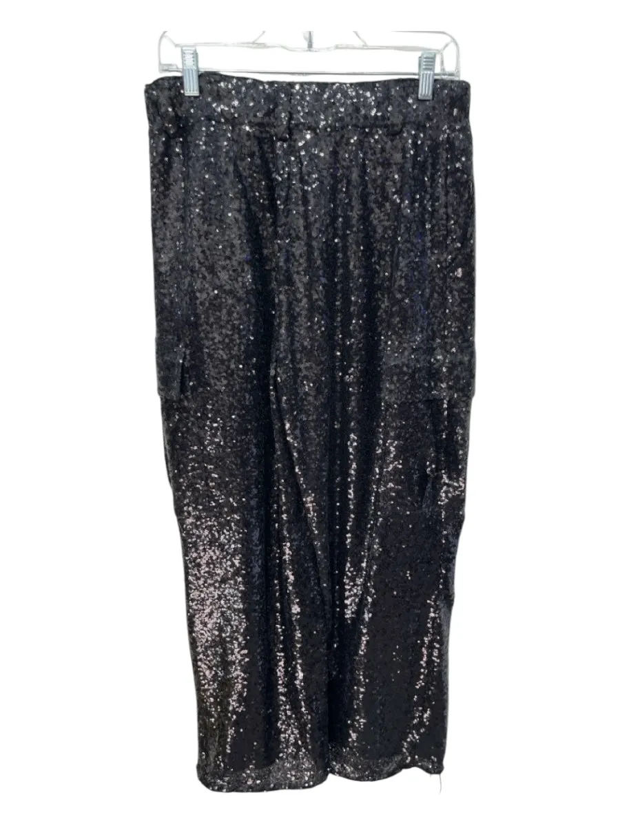 By Anthropologie Size 6 Black Fully Sequined Cargo Zip & Button Wide Leg Pants