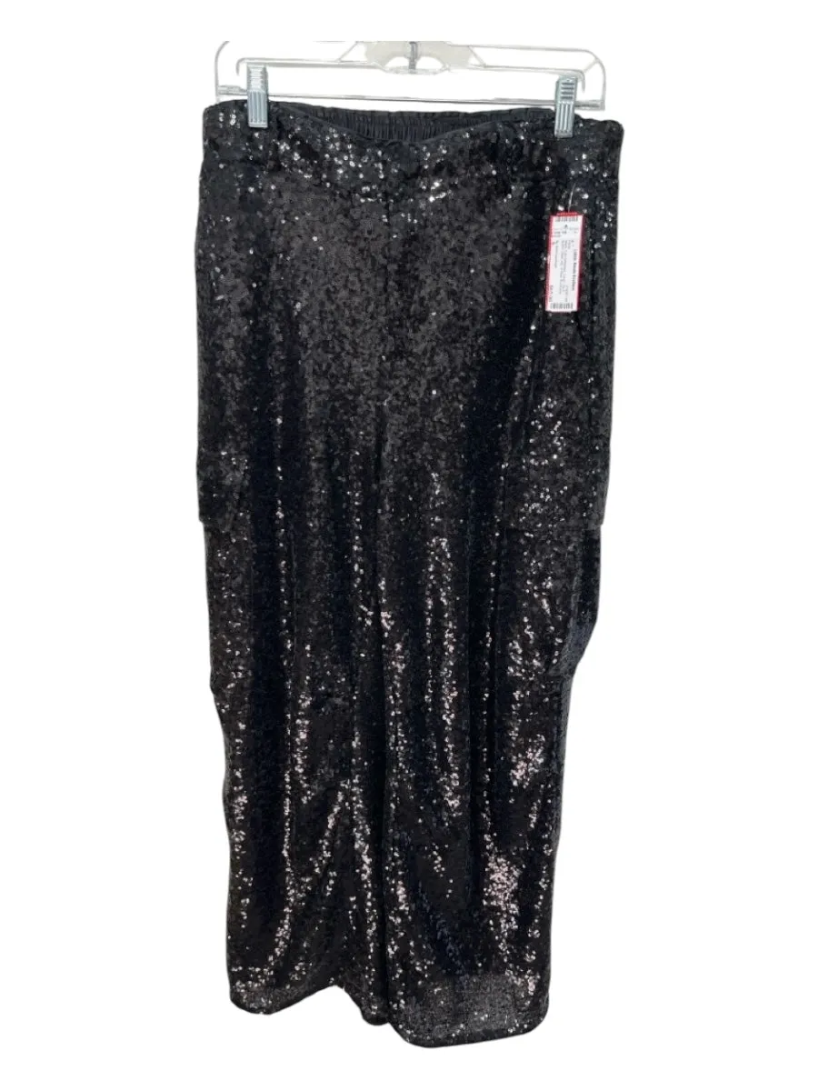 By Anthropologie Size 6 Black Fully Sequined Cargo Zip & Button Wide Leg Pants