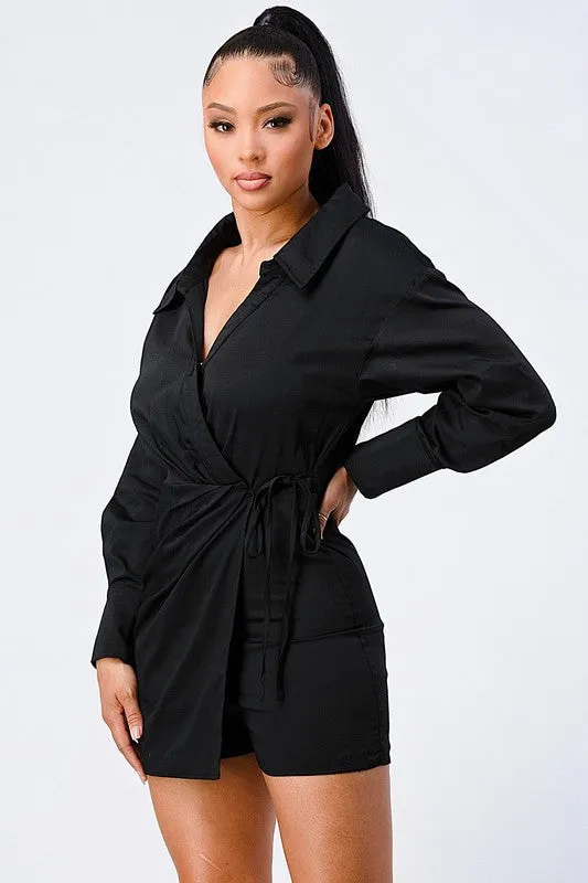 CHIC COLLARED WRAP-TIE LONG SLEEVE ROMPER