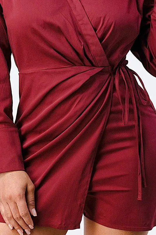 CHIC COLLARED WRAP-TIE LONG SLEEVE ROMPER