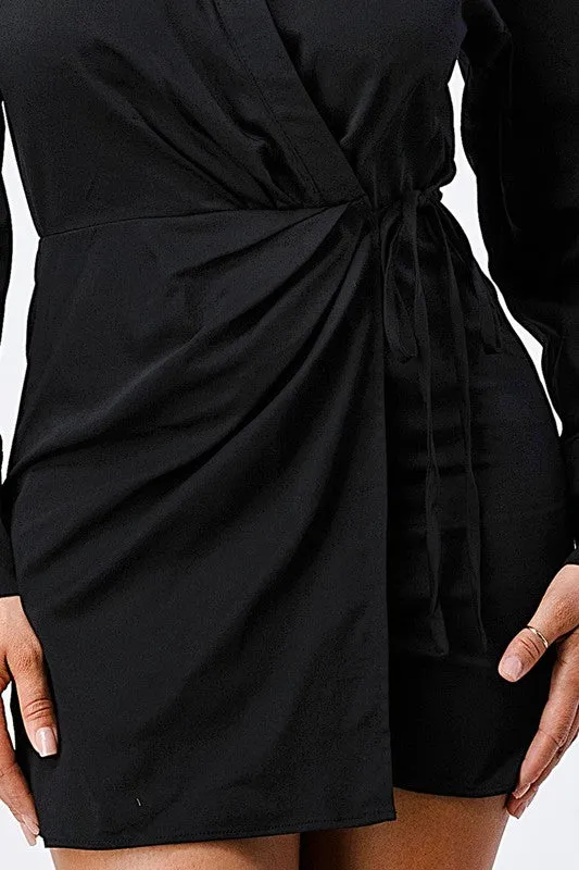 CHIC COLLARED WRAP-TIE LONG SLEEVE ROMPER