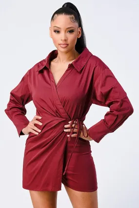 CHIC COLLARED WRAP-TIE LONG SLEEVE ROMPER