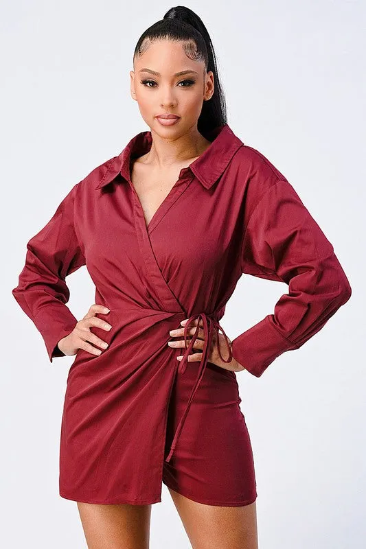 CHIC COLLARED WRAP-TIE LONG SLEEVE ROMPER