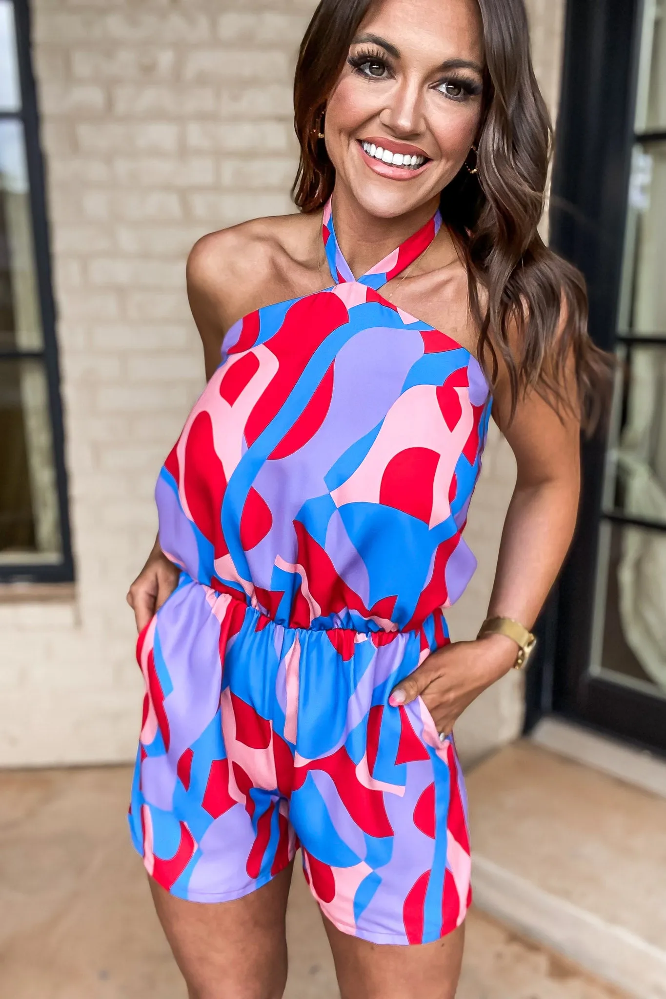Color Mixer Cross Neck Halter Romper
