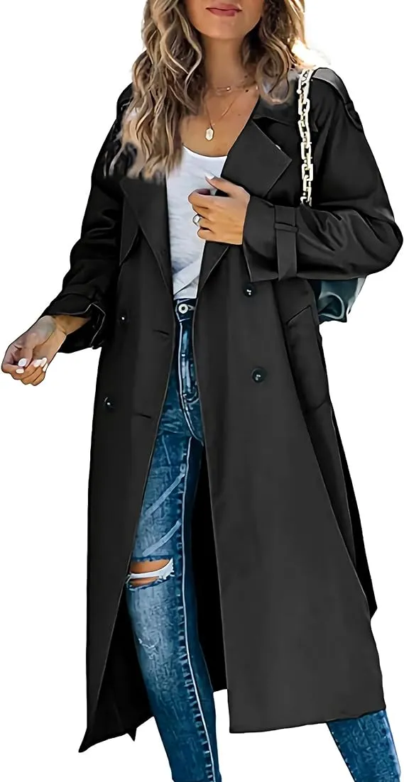 Double Breasted Windproof Belted Lapel Long White Trench Coat