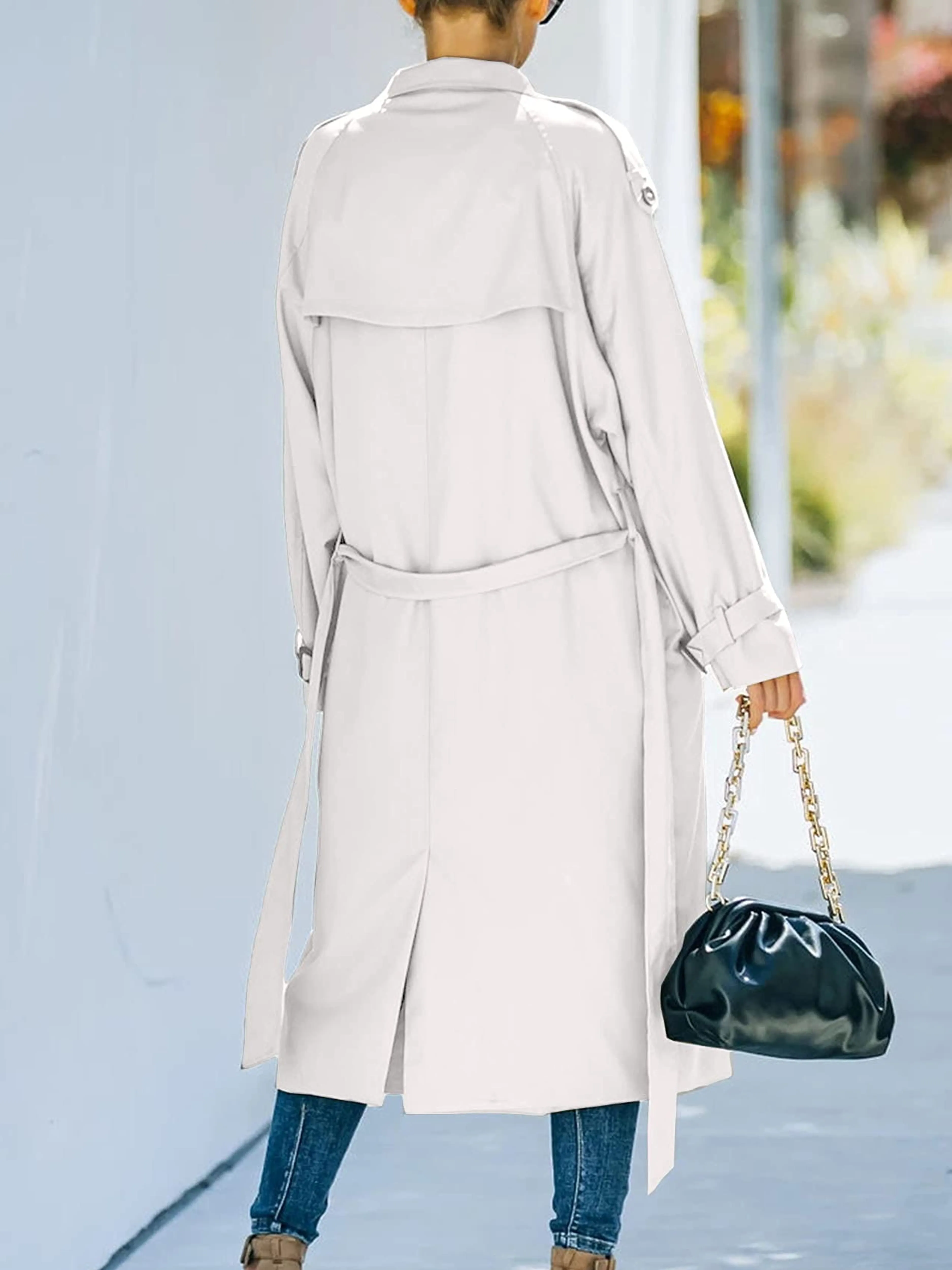 Double Breasted Windproof Belted Lapel Long White Trench Coat