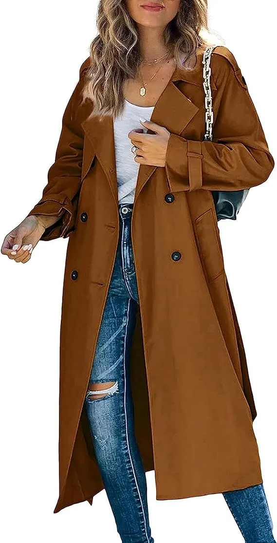 Double Breasted Windproof Belted Lapel Long White Trench Coat