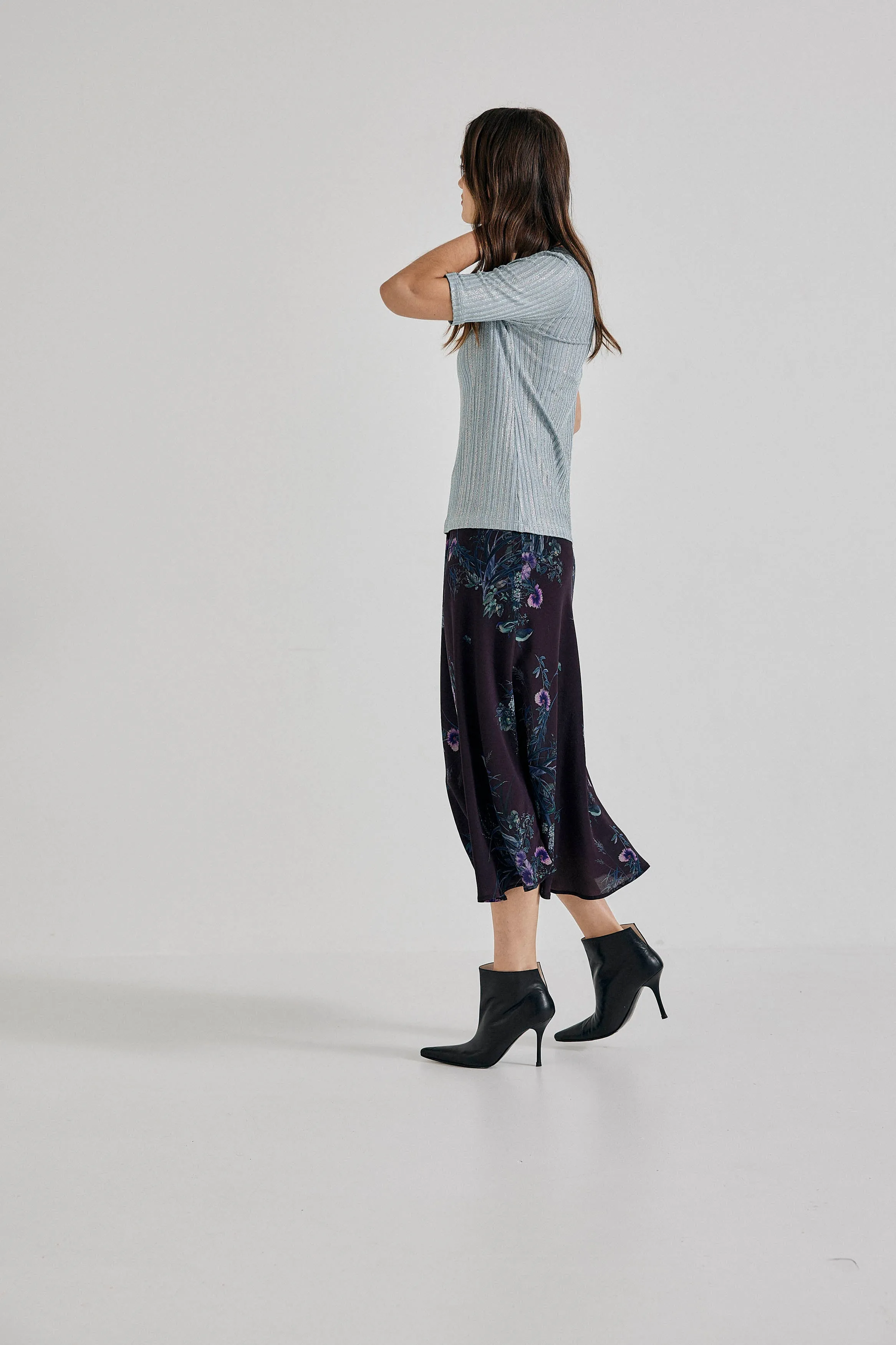 Duchess Midi Skirt in Plum Bird/Fleur Silk