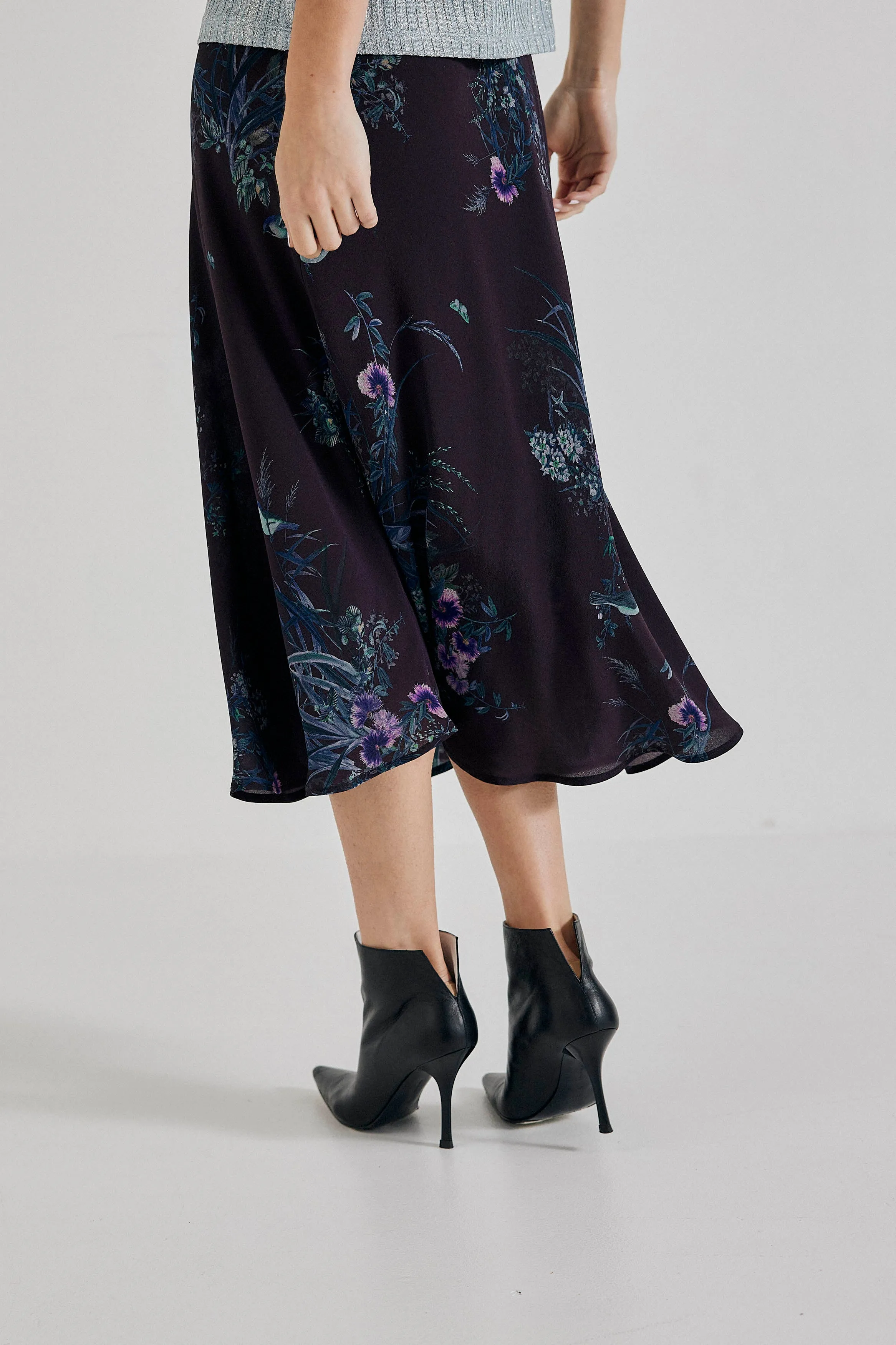 Duchess Midi Skirt in Plum Bird/Fleur Silk